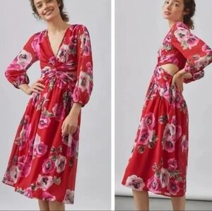 Ranna Gill Anthropologie Red Floral Cutout Midi Long Sleeve Dress Size Medium